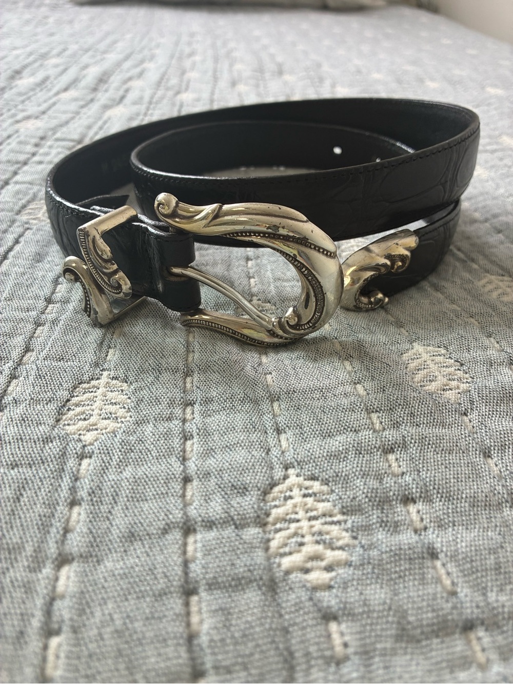 Brighton Black Leather Belt with Ornate Silver-Tone Buckle